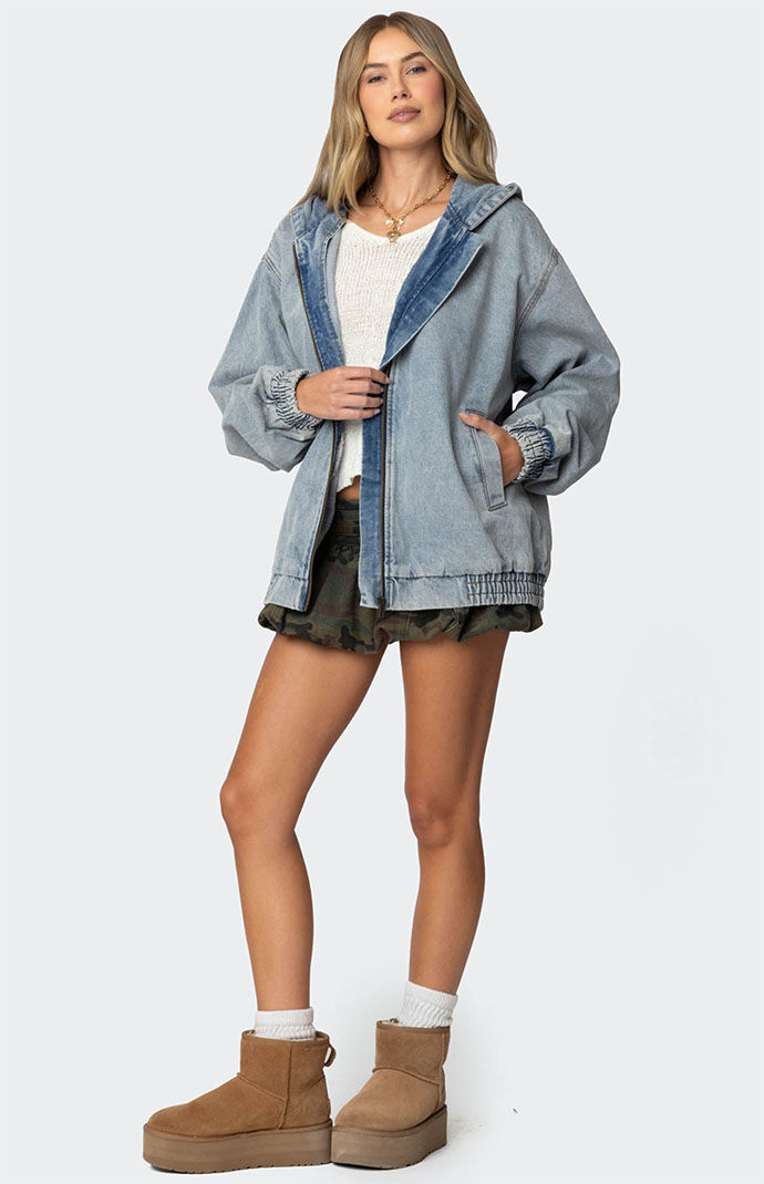 Edikted Hooded Vintage Washed Denim Bomber Jacket PacSun