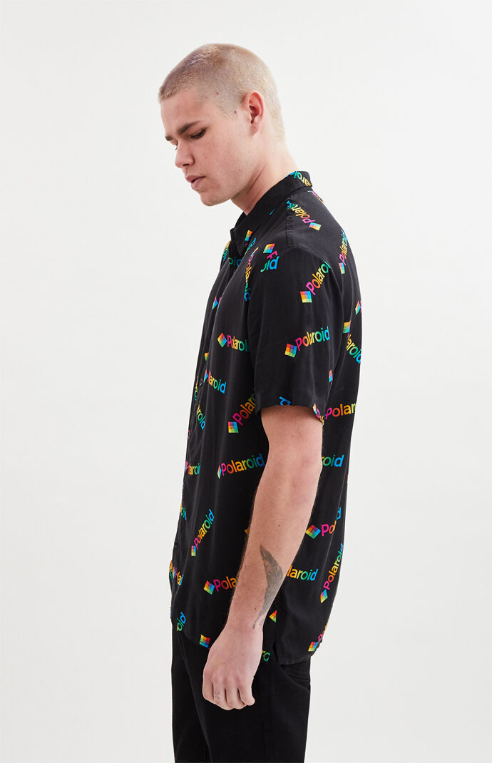 Polaroid Print Short Sleeve Button Up Shirt