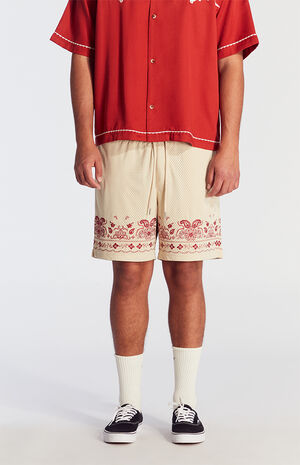 Tan Embroidered Mesh Basketball Shorts image number 2