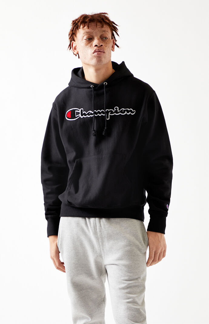 champion reverse weave chenille logo black hoodie