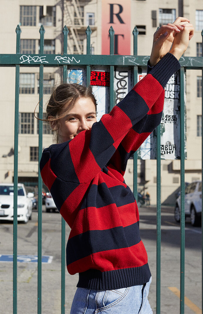 Red and navy new arrivals striped sweater