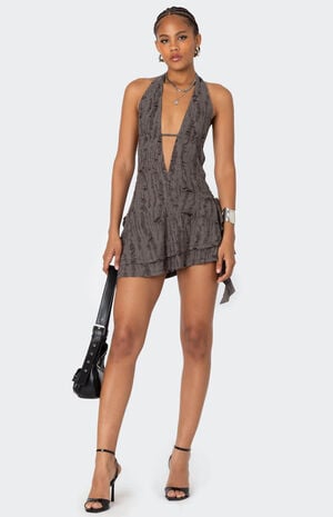 Shredded Backless Halter Mini Dress