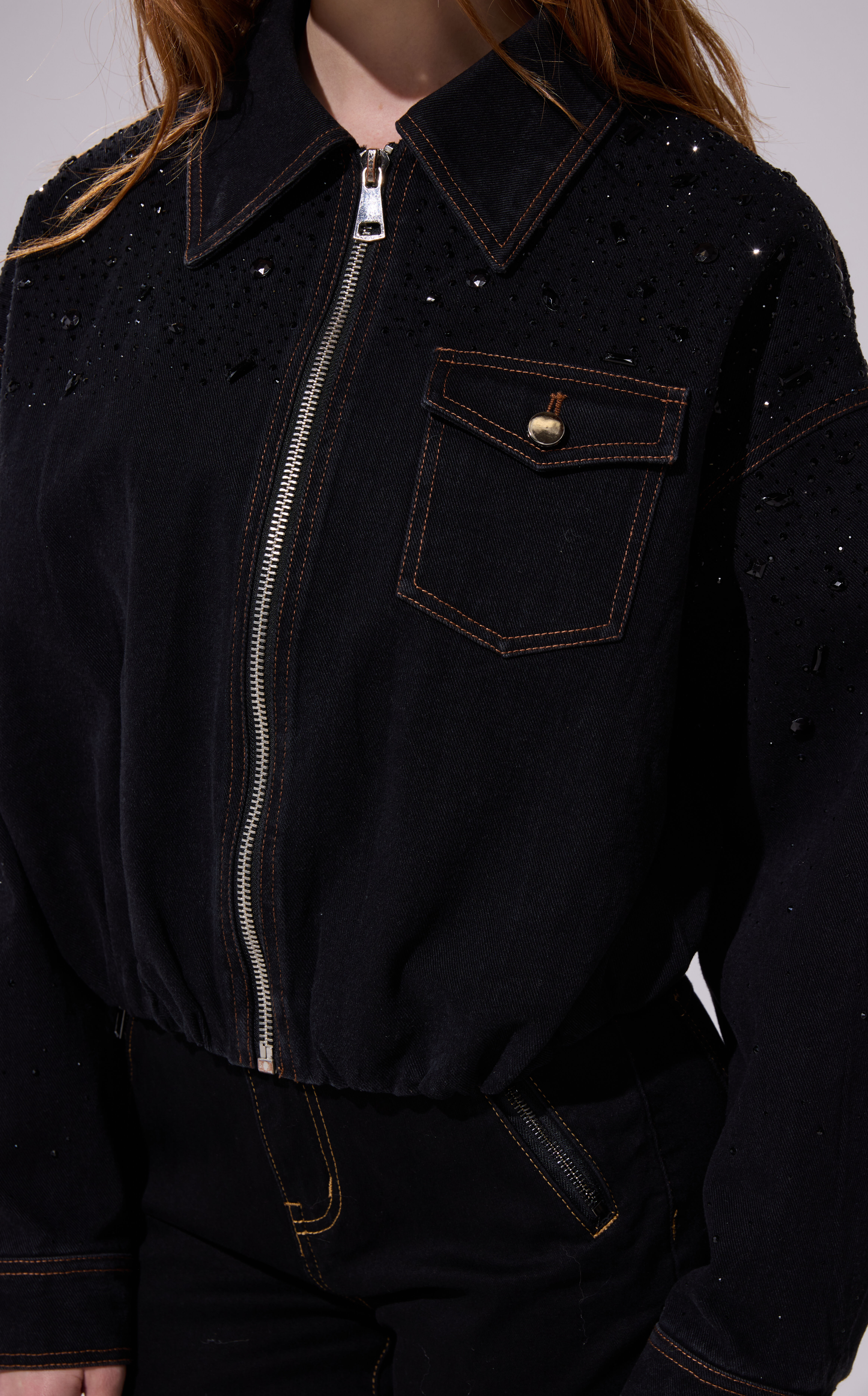 AZALEA WANG Safina Black Embellished Denim Jacket