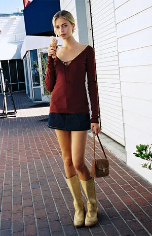 Burgundy Tie Front Long Sleeve Top image number 1