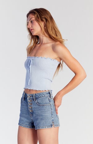 Light Indigo Exposed Button High Waisted Denim Festival Shorts image number 3