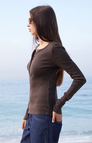 Brown Athern Snap Button Ribbed Long Sleeve Top image number 2