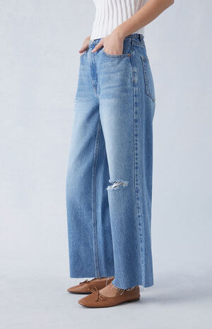Eco Medium Indigo Ripped Cropped Wide Leg Jeans image number 3
