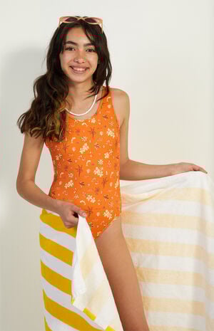 Orange Hawaiian Print One Piece Swimsuit image number 1