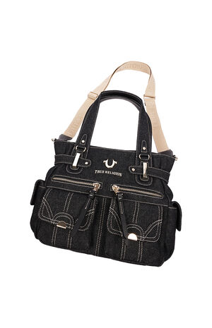 Multi Pocket Black Denim Cinch Tote Bag image number 8