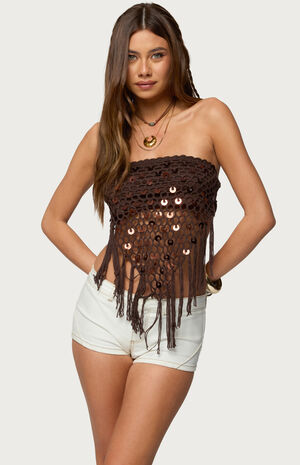Handkerchief Backless Crochet Fringed Top image number 1
