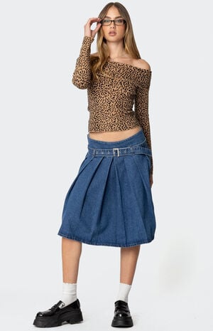 Belted Pleated Denim Midi Skirt image number 5
