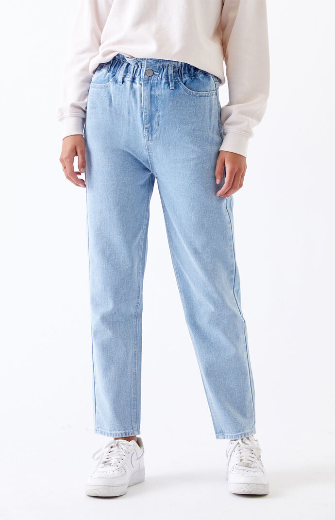 Blue high waisted frayed paper bag mom jeans hotsell