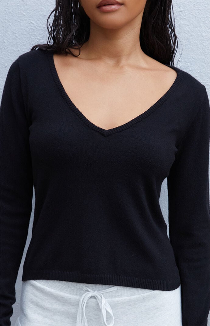 John Galt Black V-Neck Knit Long Sleeve Top