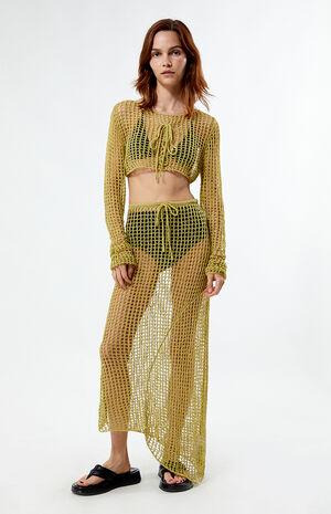 Open Knit Mid Rise Asymmetrical Midi Skirt image number 2