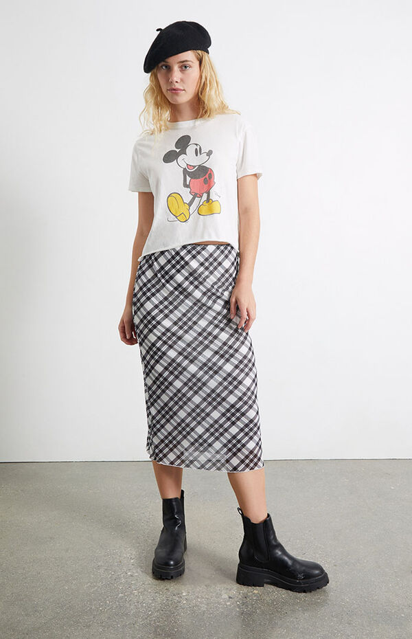 Plaid Mesh Midi Skirt