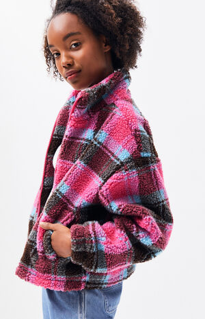La Hearts Pink Plaid Sherpa Jacket Pacsun