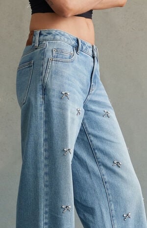 Light Indigo Rhinestone Bow Low Rise Baggy Jeans image number 2