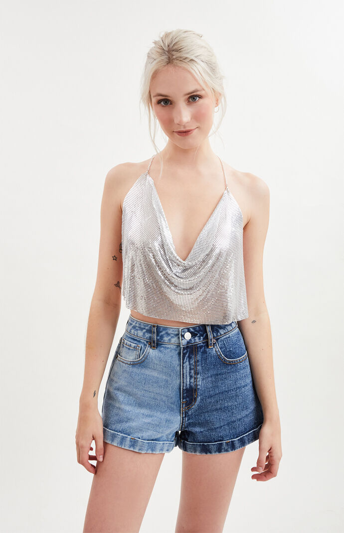 Chain Mail Cowl Neck Halter Top