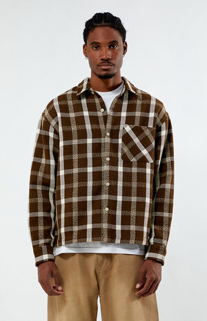 Brown Cropped Plaid Flannel Shirt image number 1