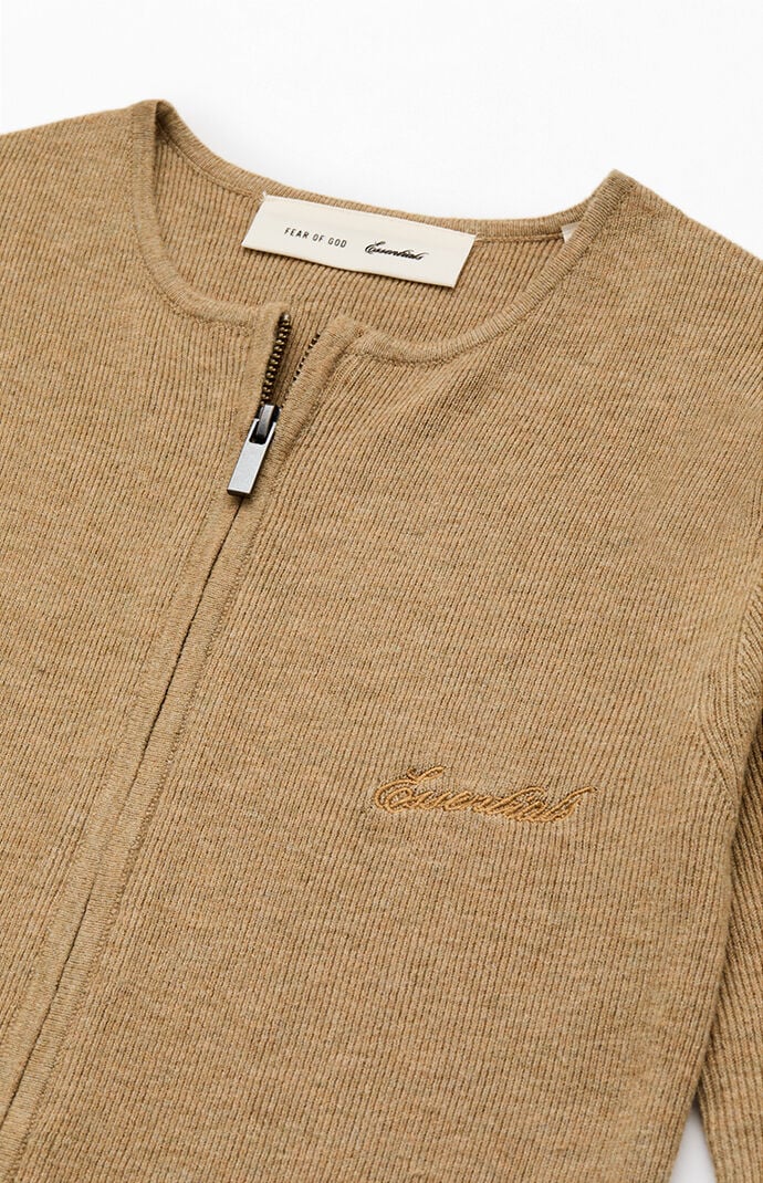 Fear of God ESSENTIALS Women's Dune Signature Ribbed Knit Long Sleeve Zip Up Top