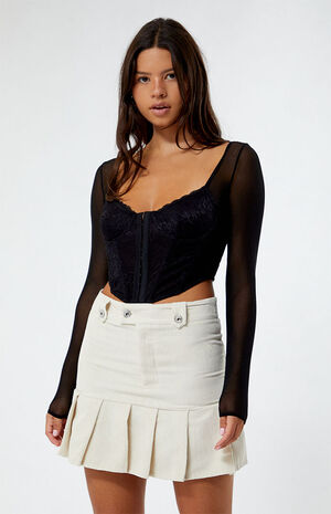 Kendall & Kylie Long Sleeve Lace Trim Mesh Corset Top