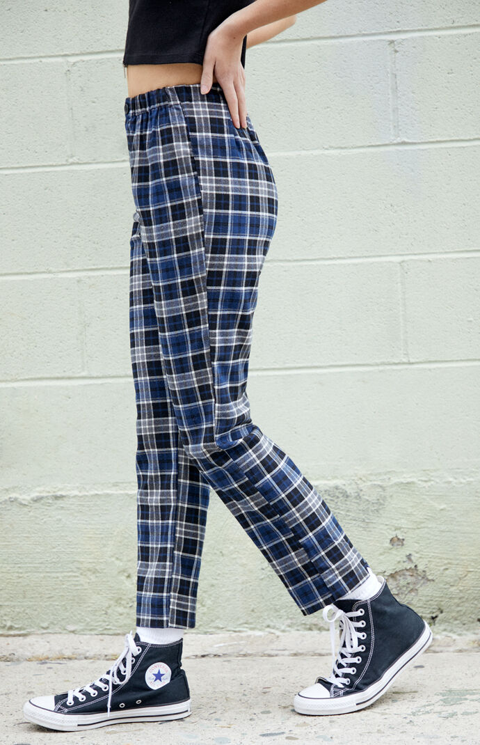 blue and black plaid pants