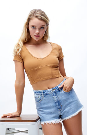 Light Blue Frayed High Waisted Denim Festival Shorts image number 1