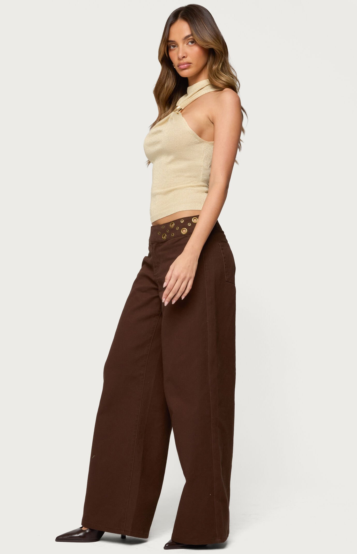 Edikted Mixed Grommet Low Rise Wide Leg Jeans