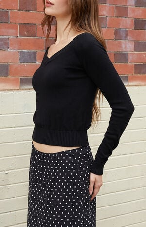 Black Off-The-Shoulder V-Neck Sweater image number 2