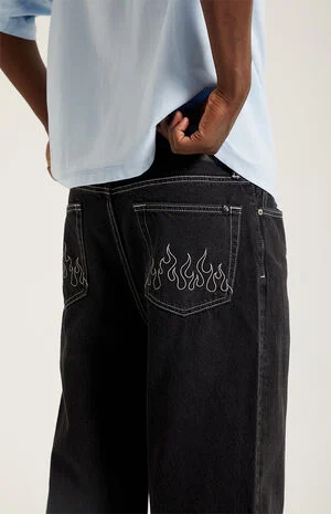 Blake Extreme Baggy Jeans Embroidered Flames Washed Black image number 5