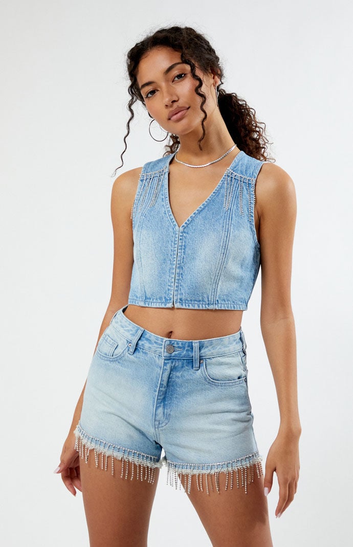 Short jean vest on sale
