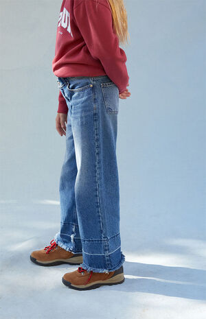 Asymmetrical Waistband Medium Blue Baggy Jeans image number 3