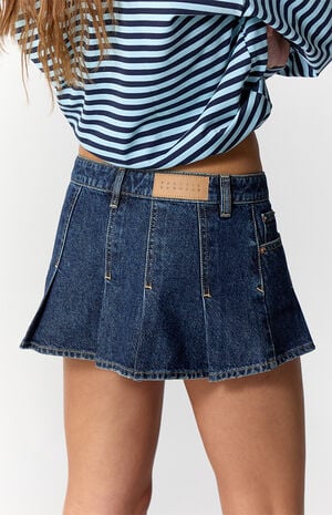 Piper Dark Blue Pleated Low Rise Jean Micro Skirt image number 5