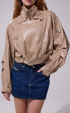 Papoose Faux Leather Beige Cropped Jacket image number 2