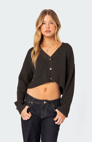 Oversized Waffle Knit Cropped Cardigan image number 1