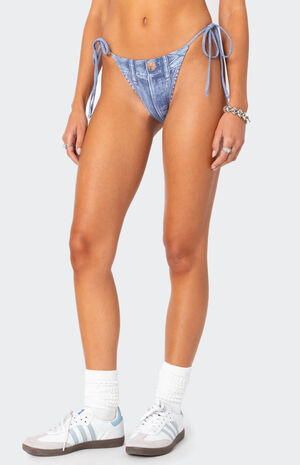 Denim Printed String Bikini Bottom image number 4
