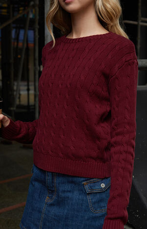 Burgundy Brianna Cable Knit Cropped Sweater image number 3