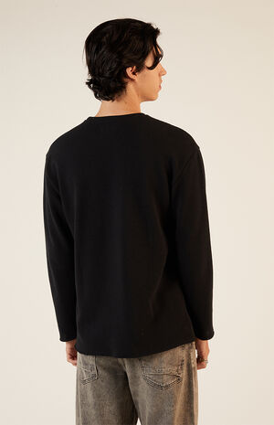 Black Solid Raw Hem Waffle Knit Long Sleeve T-Shirt image number 3