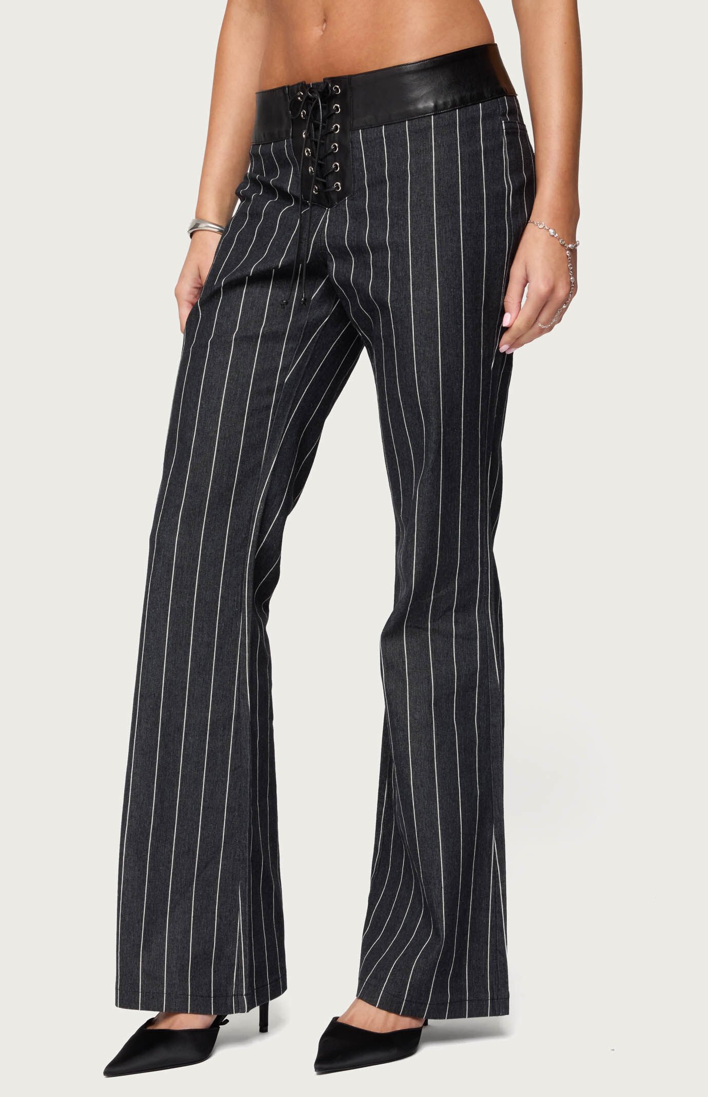 Edikted Pinstripe & Faux Leather Low Rise Flared Jeans