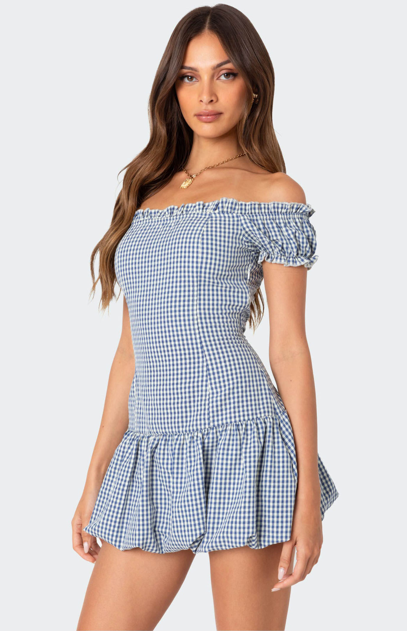 Edikted Gingham Off Shoulder Bubble Mini Dress Blue and White XL