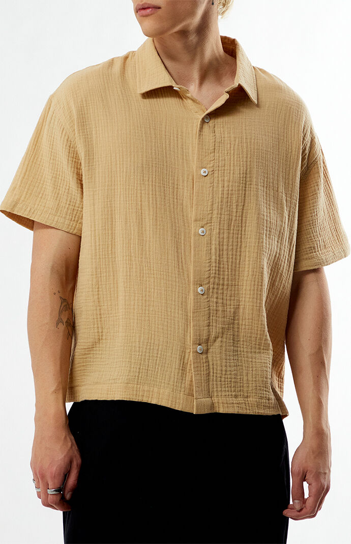 Pacsun Tan Cropped Boxy Gauze Camp Shirt