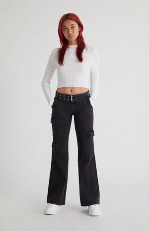 Black Low Rise Cargo Flare Jeans image number 2