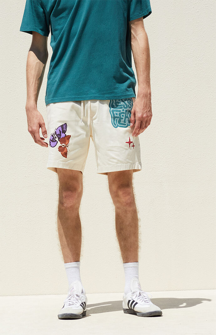 Pacsun Men s Less Fear Printed Volley Shorts in Cream Size XL