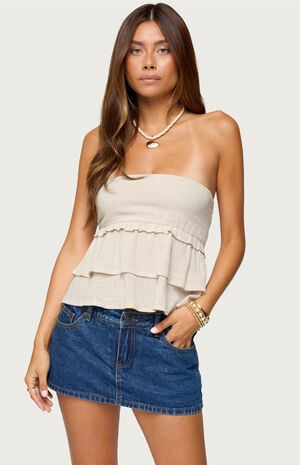 Linen Look Strapless Peplum Top image number 1