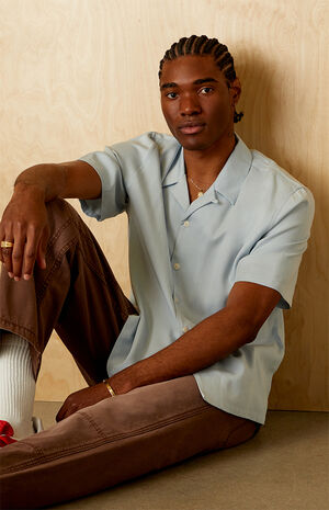 Blue Solid Color Oversized Camp Shirt image number 5