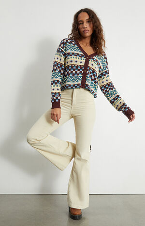 Cream Corduroy High Waisted Flare Jeans image number 1