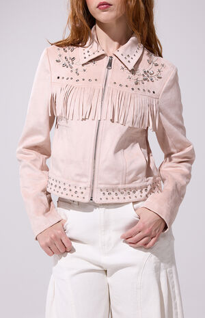 Finlee Blush Fringe Faux Suede Jacket image number 4