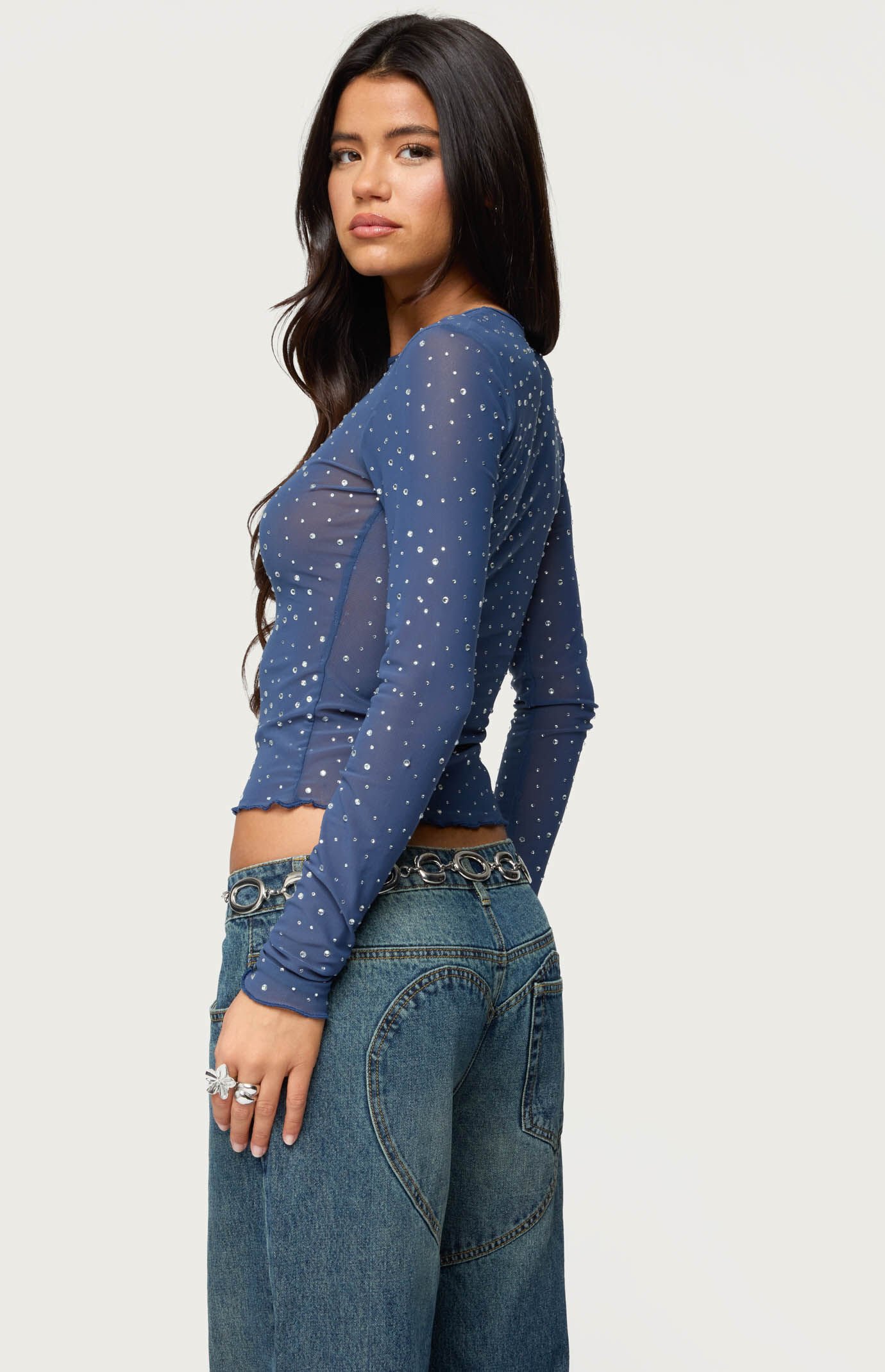 Edikted Anari Rhinestone Mesh Top