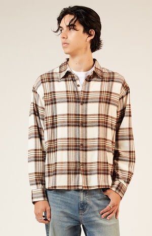 Cream Washed Cropped Flannel Shirt image number 1