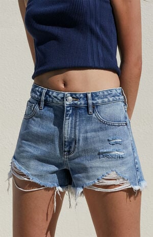 Light Indigo Ripped High Waisted Denim Festival Shorts image number 2